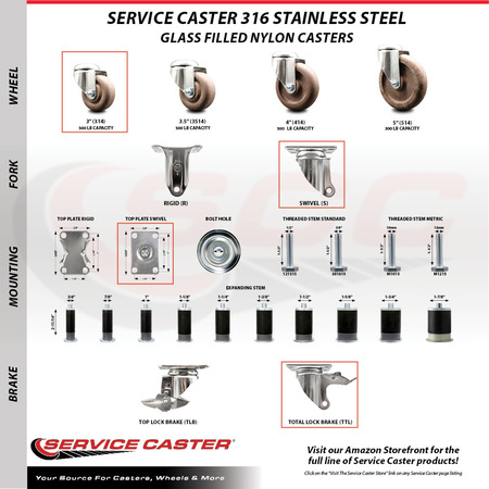 Service Caster 3 Inch 316SS High Temp Glass Filled Nylon Top Plate Caster Lock Brakes SCC, 2PK SCC-SS316TTL20S314-GFNSHT-2-S-2